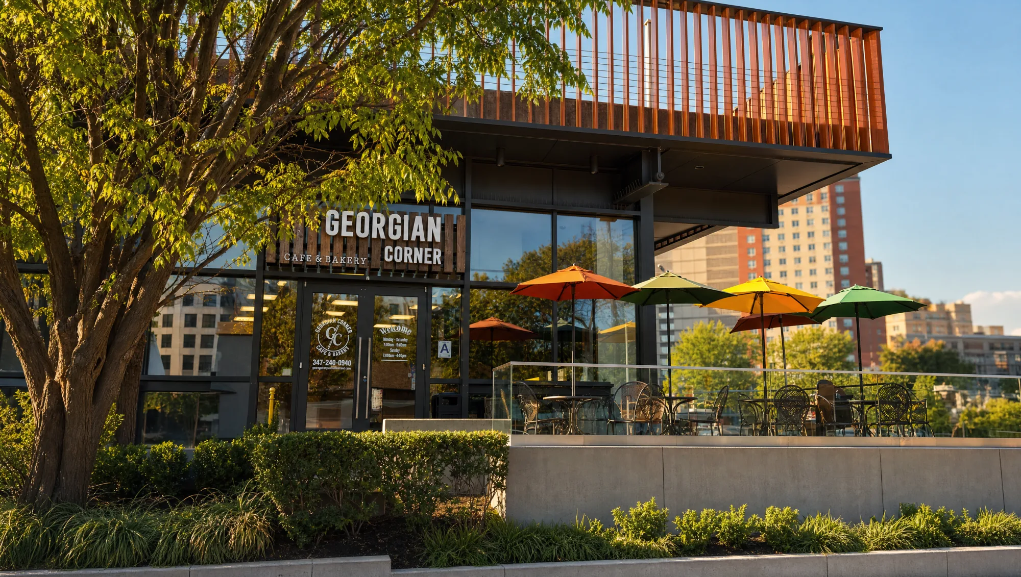 Georgian Corner bakery and cafe storefront on Sheepshead Bay Road, Brooklyn
