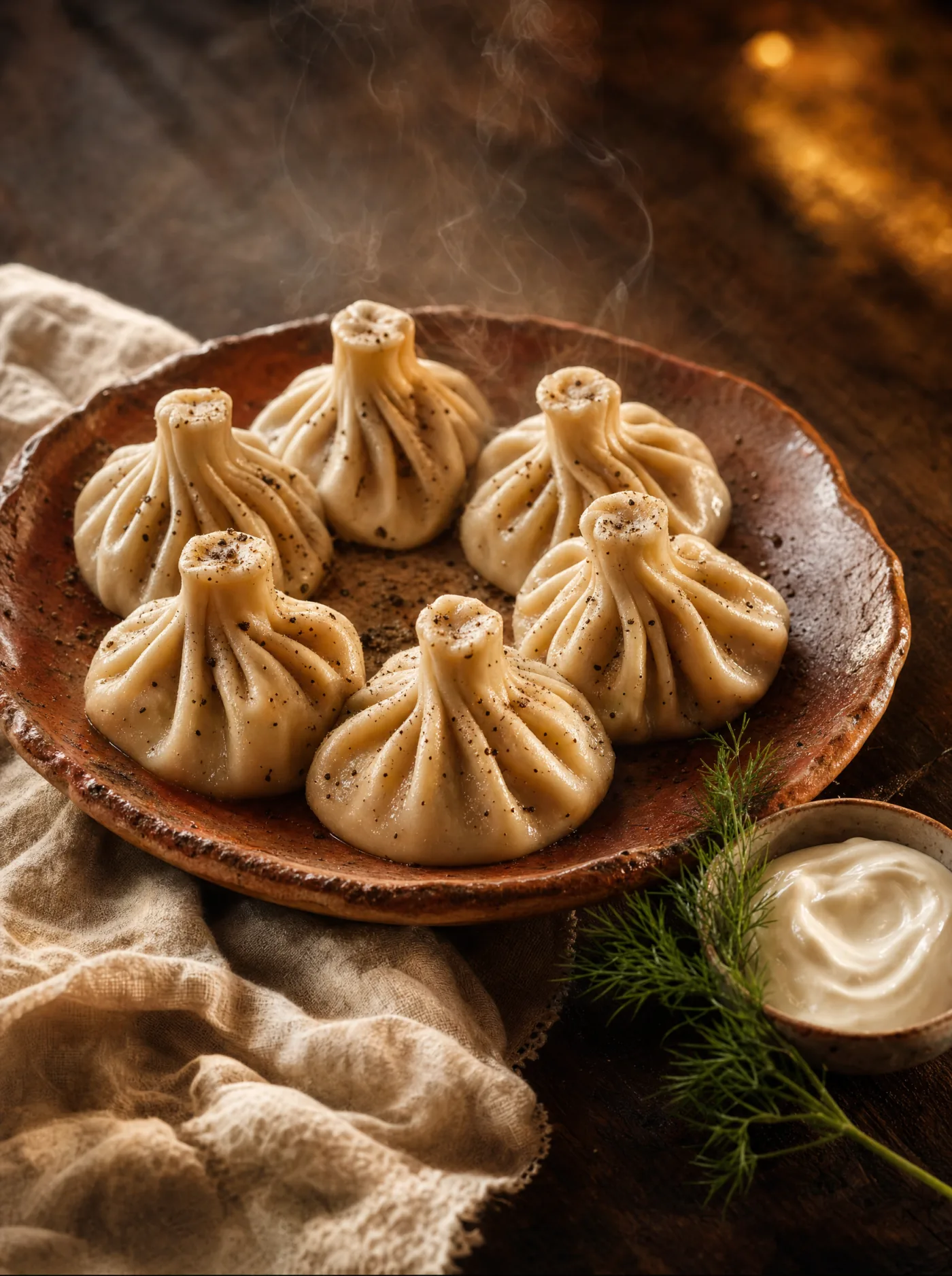 Hand-pleated Georgian khinkali soup dumplings with beef and pork filling