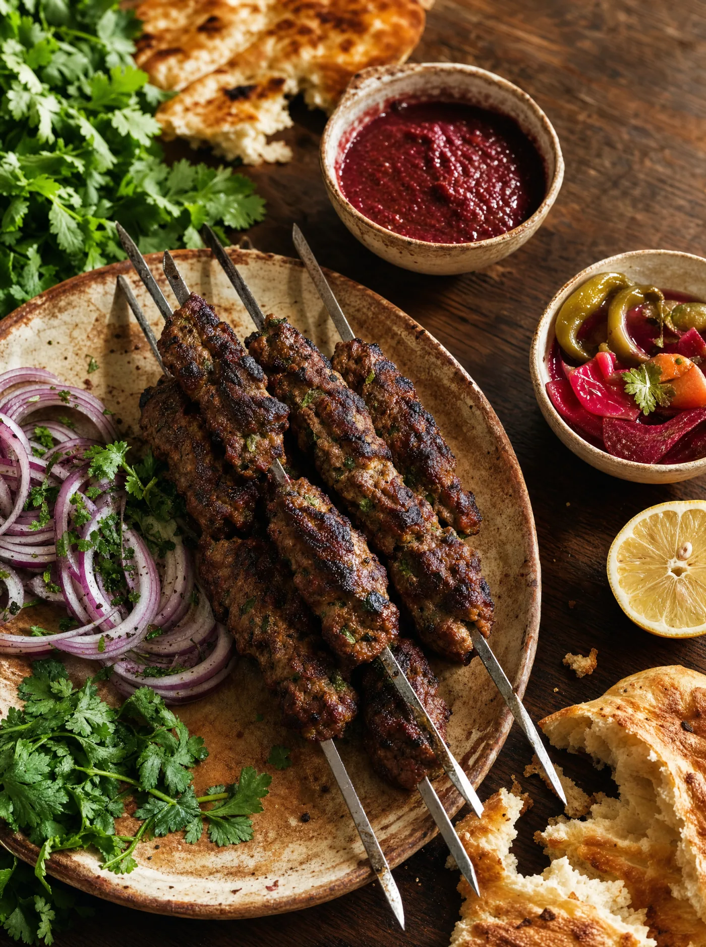 Mtsvadi and kababi — Georgian grilled meat platter with plum sauce, herbs, and shoti bread